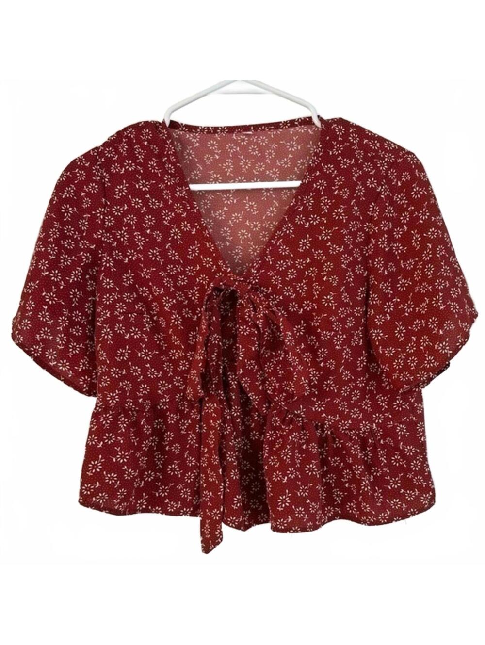 Floral crop top front bow tie XS red